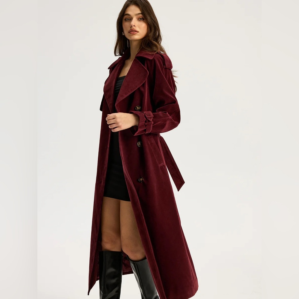 Commense Belted Double-Breasted Suede Effect Long Trench Coat - Picture 3 of 16
